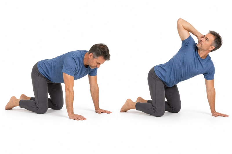 Rotation thoracique à quatre pattes, une main derrière la tête