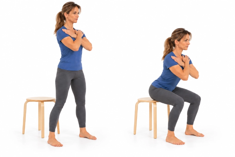 Femme réalisant un squat sur un tabouret en bois